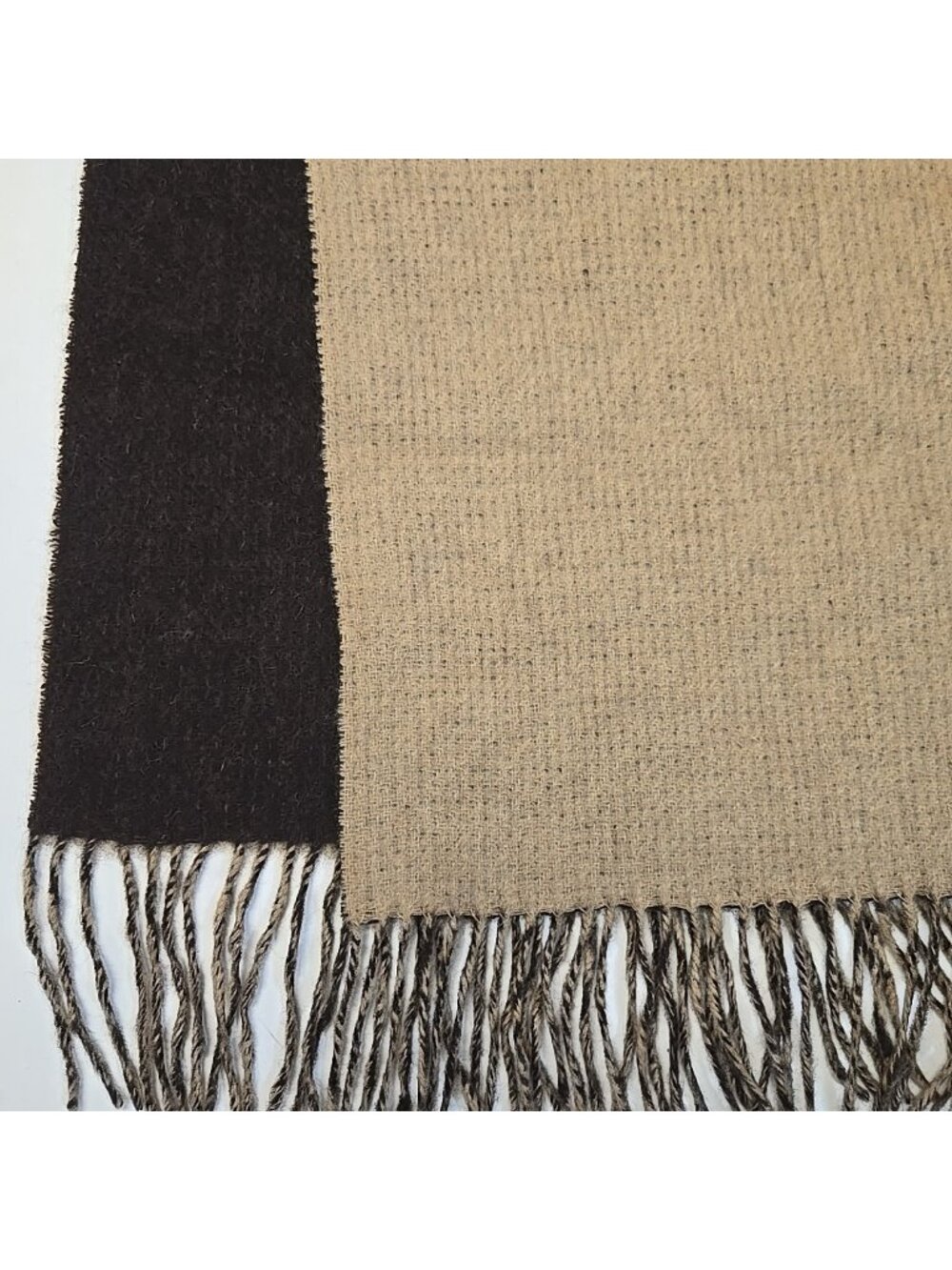 Andrew Noble Pure Cashmere Scarf Two Sided Brown Beige Fringe Wool